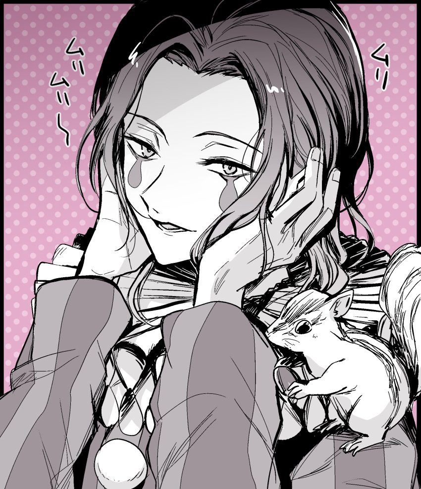 1boy, ace_attorney, ace_attorney_investigations, ace_attorney_investigations_2, animal, clown, greyscale_with_colored_background, hands_on_own_face