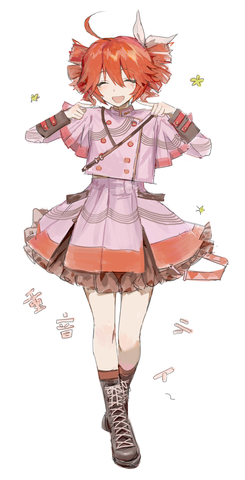 1girl, absurdres, ahoge, black_footwear, boots, bow, buttons, character_name, closed_eyes, commentary, cross-laced_footwear, double-breasted, double-parted_bangs, drill_hair, flat_chest, full_body, gesangfa, hair_between_eyes, hair_bow, highres, jacket, kasane_teto, kasane_teto_(sv), lace-up_boots, long_sleeves, open_mouth, red_socks, red_trim, redhead, simple_background, skirt, sleeve_cuffs, smile, socks, solo, synthesizer_v, translation_request, twin_drills, twintails, utau, white_background, white_bow, white_jacket, white_skirt