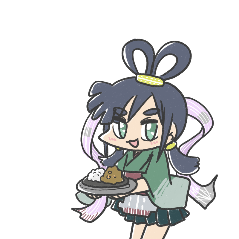 1girl, :3, adapted_costume, apron, black_hair, blue_hakama, cosplay, cowboy_shot, curry, curry_rice, ferret-san, flight_deck, food, green_eyes, green_kimono, hagoromo, hair_rings, hakama, hakama_skirt, japanese_clothes, kantai_collection, kimono, orihime_(tanabata), orihime_(tanabata)_(cosplay), rice, shawl, simple_background, skirt, smile, solo, souryuu_(kancolle), tanabata, thick_eyebrows, white_background