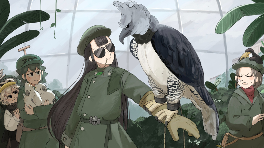 4girls, absurdres, animal_on_arm, animal_on_head, bird, bird_on_arm, bird_on_head, black_hair
