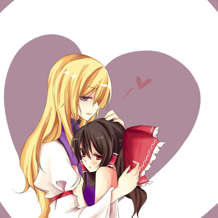 bare_shoulders, black_hair, blonde_hair, blush, hakurei_reimu, hand_on_head, heart, hug