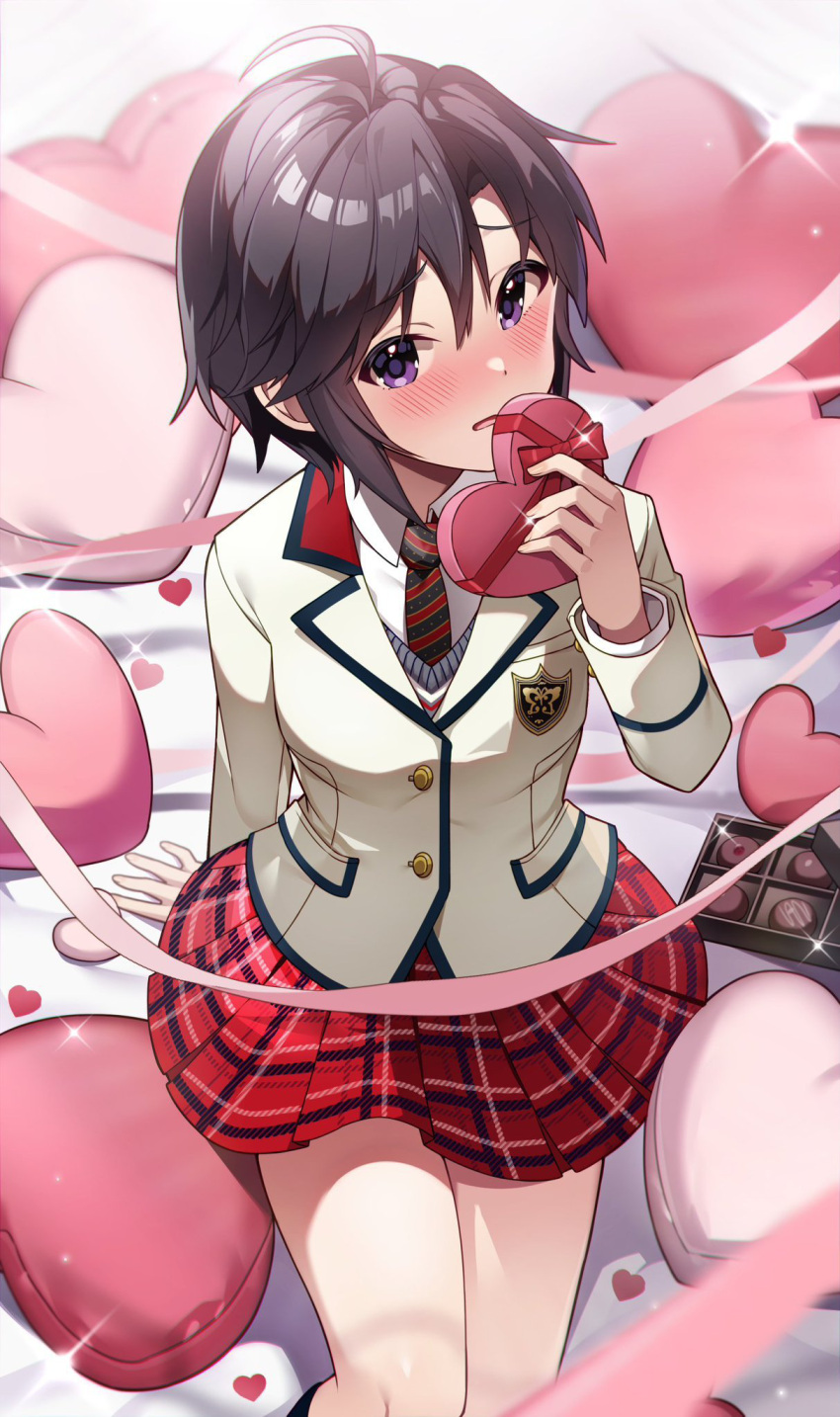 1girl, ahoge, arm_behind_back, black_hair, black_necktie, blazer, blush, box