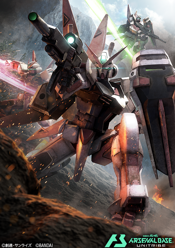 aiming, beam_rifle, beam_saber, commentary_request, copyright_name, embers, energy_gun, eye_trail, fire, flying, glowing, glowing_eyes, green_eyes, gun, gundam, gundam_arsenal_base, gundam_seed, holding, holding_gun, holding_sword, holding_weapon, kumagoro1108, laser, legs_apart, light_trail, m1_astray, mecha, mecha_focus, mobile_suit, no_humans, official_art, robot, science_fiction, shield, slashing, smoke, solo_focus, sparks, standing, sword, v-fin, weapon