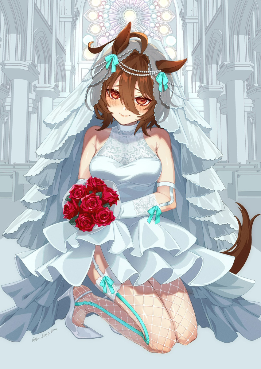1girl, agnes_tachyon_(umamusume), ahoge, animal_ears, arm_strap, armpit_crease, blush, bouquet