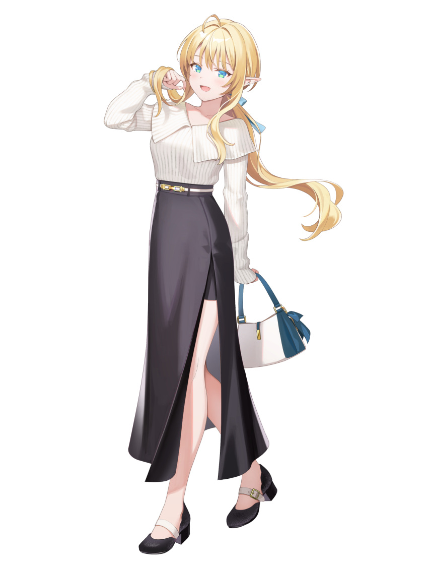 1girl, :d, athena_iris, bag, black_footwear, black_shorts, black_skirt, blonde_hair