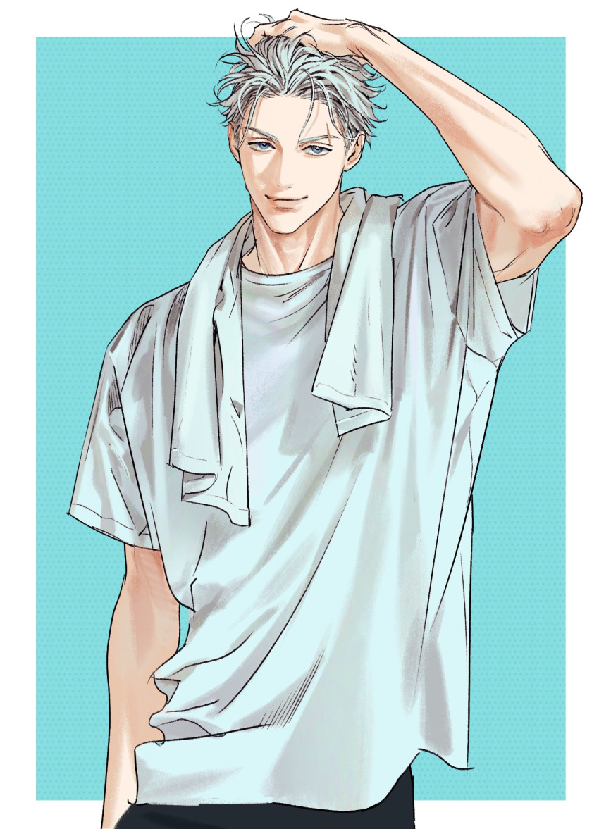 1boy, aqua_background, blue_eyes, border, closed_mouth, cowboy_shot, hand_on_own_head, highres, korean_commentary, light_smile, looking_at_viewer, male_focus, mh_o_o9, outside_border, scar, scar_on_face, shirt, short_hair, short_sleeves, solo, towel, towel_around_neck, umemiya_hajime, white_border, white_hair, white_shirt, wind_breaker_(nii_satoru)