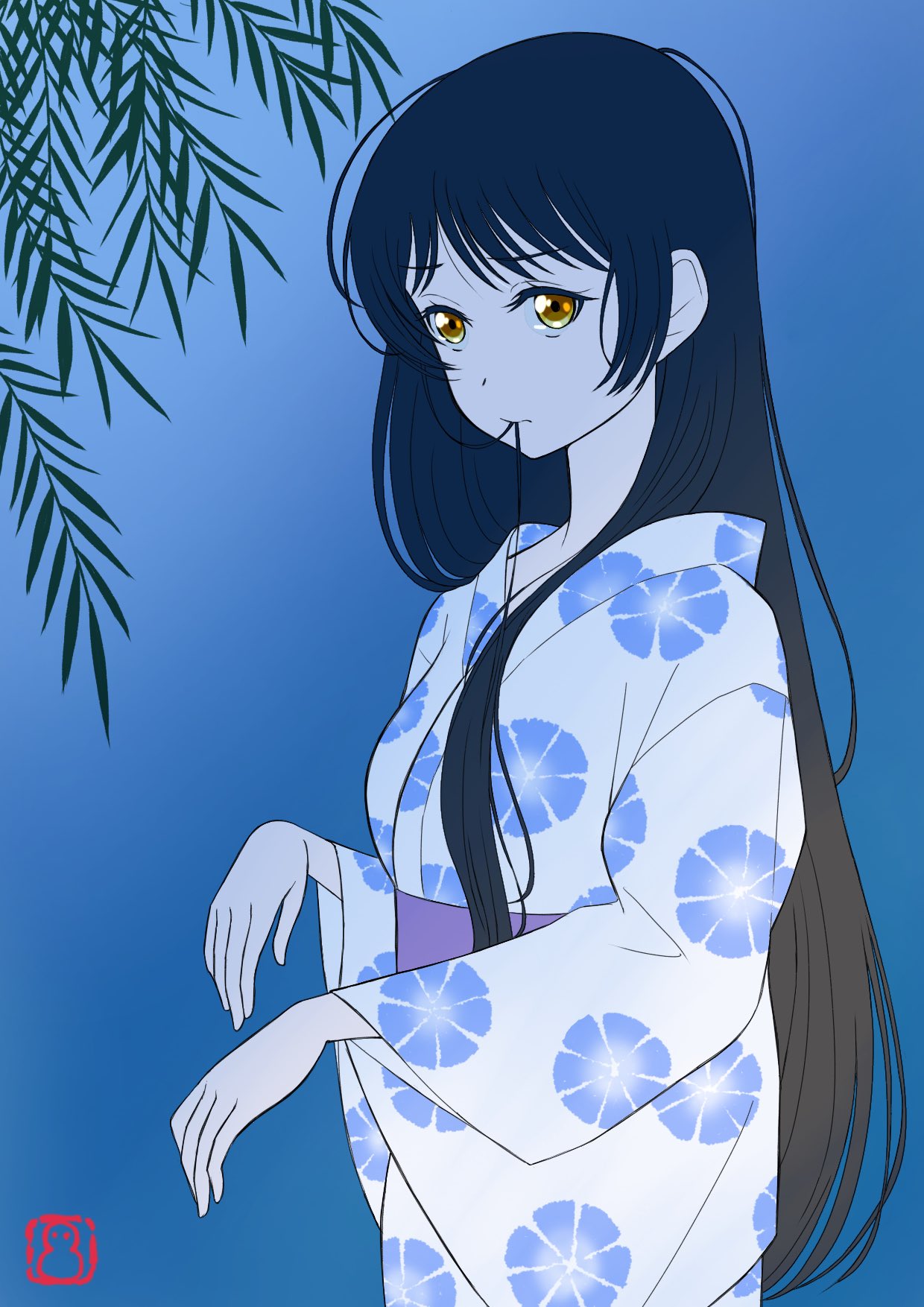 1girl, black_hair, blue_background, commentary_request, floral_print, floral_print_kimono, hair_in_own_mouth, hazuki_ren