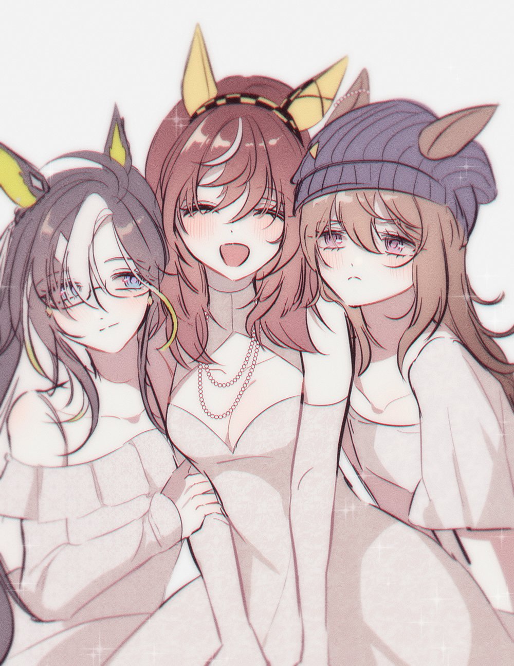 3girls, admire_vega_(umamusume), animal_ears, blue_eyes, blush, breasts, brown_eyes, brown_hair
