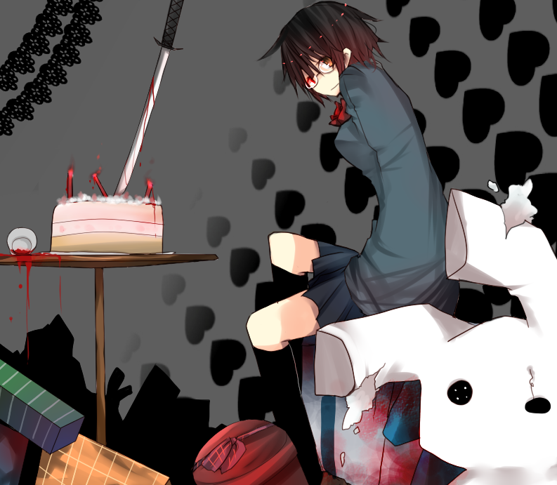 black_hair, blood, bob_cut, brown_eyes, bunny, cake, durarara!!, food