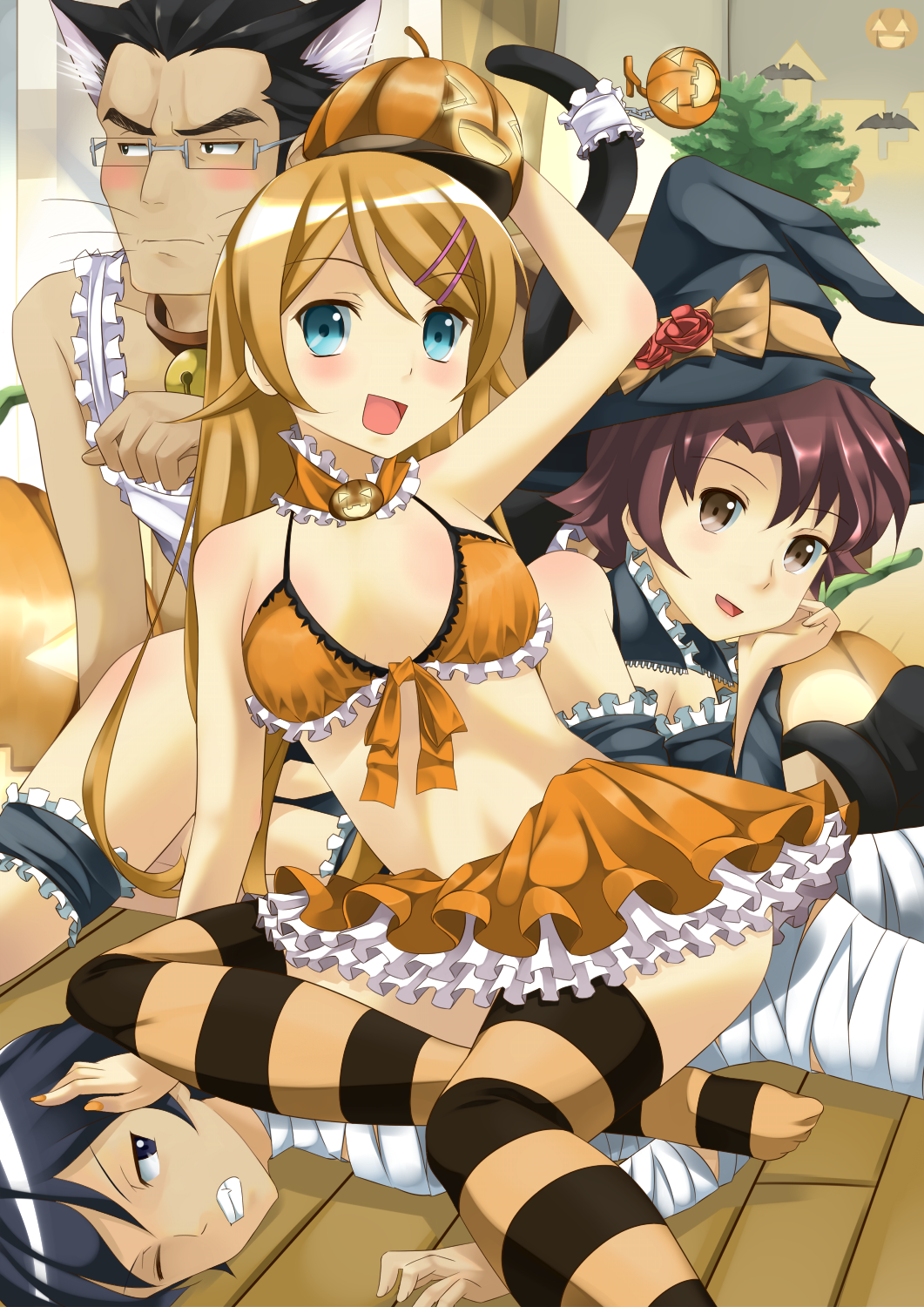 apron, bikini_top, cat_ears, cat_tail, character_request, family, halloween, hat, highres, jack-o'-lantern, kousaka_daisuke, kousaka_kirino, kousaka_kyousuke, kousaka_yoshino, mummy, onaka_sukisuki, ore_no_imouto_ga_konna_ni_kawaii_wake_ga_nai, pumpkin, striped, striped_legwear, striped_thighhighs, tail, thigh-highs, thighhighs, witch_hat