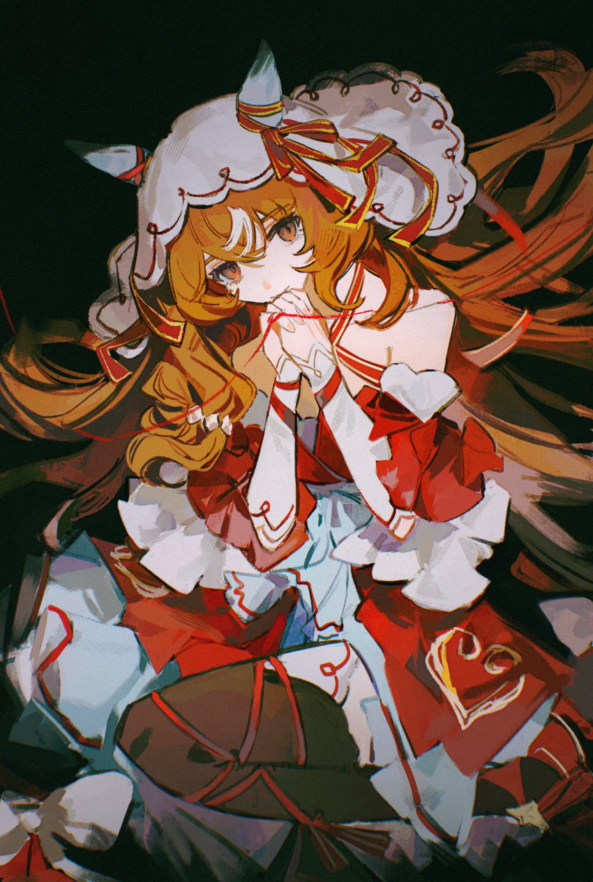 1girl, absurdres, animal_ears, armpit_crease, black_background, black_pantyhose, bridal_gauntlets, brown_hair, detached_sleeves, dress, ear_ornament, ear_ribbon, frilled_dress, frilled_veil, frills, hair_between_eyes, hair_ornament, highres, hikawayunn, horse_ears, horse_girl, light_smile, long_hair, looking_at_viewer, own_fingers_together, own_hands_together, pantyhose, red_eyes, sidelocks, simple_background, sleeveless, sleeveless_dress, solo, still_in_love_(umamusume), umamusume, veil, very_long_hair, white_bridal_gauntlets, white_veil