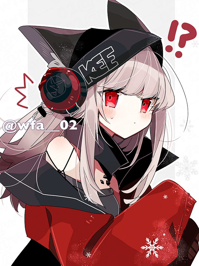 !?, 1girl, animal_ear_fluff, animal_ears, arknights, beanie, behind-the-head_headphones, black_hat, black_shirt, blush, border, breasts, commentary_request, frostleaf_(arknights), grey_background, hat, headphones, implied_extra_ears, itsuki_02, jacket, looking_at_viewer, material_growth, medium_breasts, medium_hair, off_shoulder, oripathy_lesion_(arknights), purple_hair, red_eyes, red_jacket, shirt, sidelocks, simple_background, snowflakes, solo