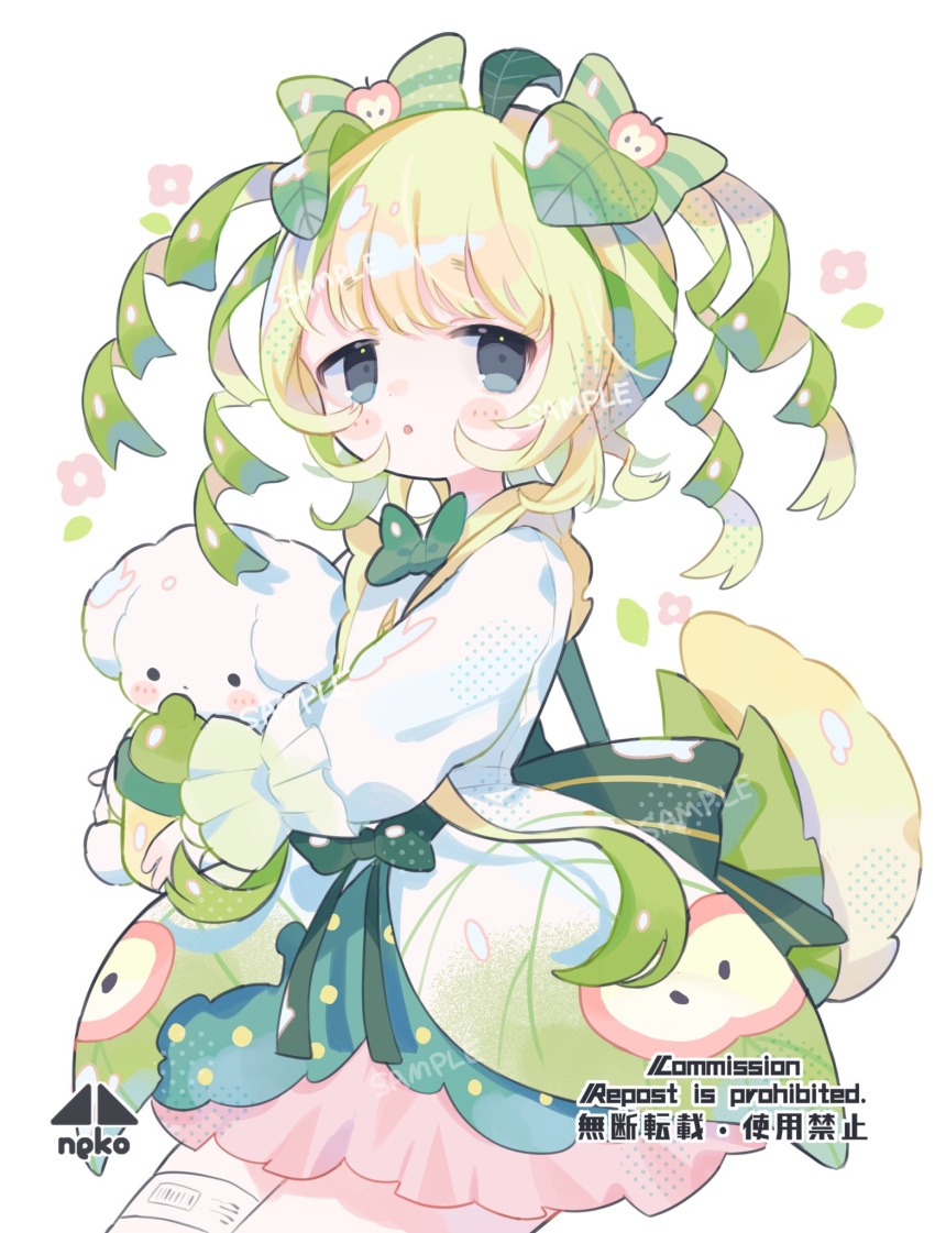 1girl, apple_print, blonde_hair, bow, bowtie, commission, cotono_(nazekun), cowboy_shot, dress, green_bow, green_bowtie, grey_eyes, hair_bow, highres, holding, leaf, long_sleeves, looking_at_viewer, original, parted_lips, print_dress, sample_watermark, short_dress, solo, watermark, white_background