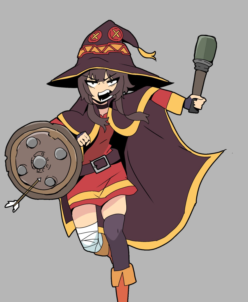 1girl, arrow_(projectile), bandaged_leg, bandages, black_eyes, black_thighhighs, bread_forbidden, breasts, brown_capelet, brown_hair, capelet, commentary, dress, explosive, feet_out_of_frame, fingerless_gloves, gloves, grenade, grey_background, hat, highres, holding, holding_grenade, holding_shield, kono_subarashii_sekai_ni_shukufuku_wo!, megumin, open_mouth, red_dress, running, shield, short_hair, short_hair_with_long_locks, simple_background, single_thighhigh, solo, stielhandgranate, team_fortress_2, thigh-highs, v-shaped_eyebrows, witch_hat