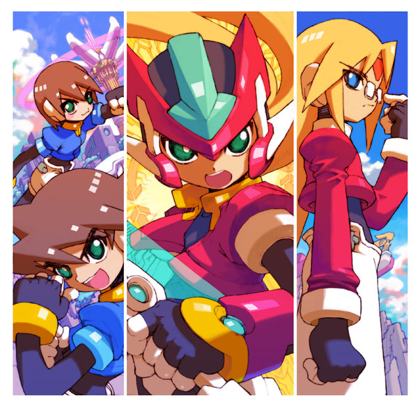 1girl, 2boys, aile_(mega_man_zx), armor, blonde_hair, blue_eyes, blue_jacket, border