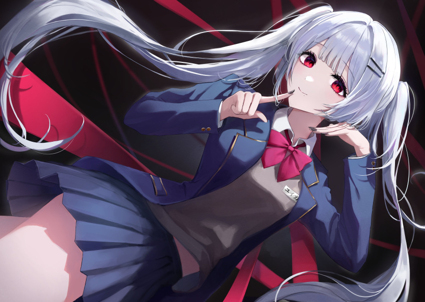 1girl, absurdres, black_background, black_nails, blazer, blue_jacket, blue_skirt, bow, bowtie, collared_shirt, commentary_request, dutch_angle, emong, finger_to_cheek, grey_vest, hair_ornament, hairclip, hand_up, highres, jacket, korean_commentary, long_hair, long_sleeves, looking_at_viewer, nail_polish, name_tag, original, pleated_skirt, red_background, red_bow, red_bowtie, red_eyes, shirt, simple_background, skirt, smile, solo, twintails, very_long_hair, vest, white_shirt