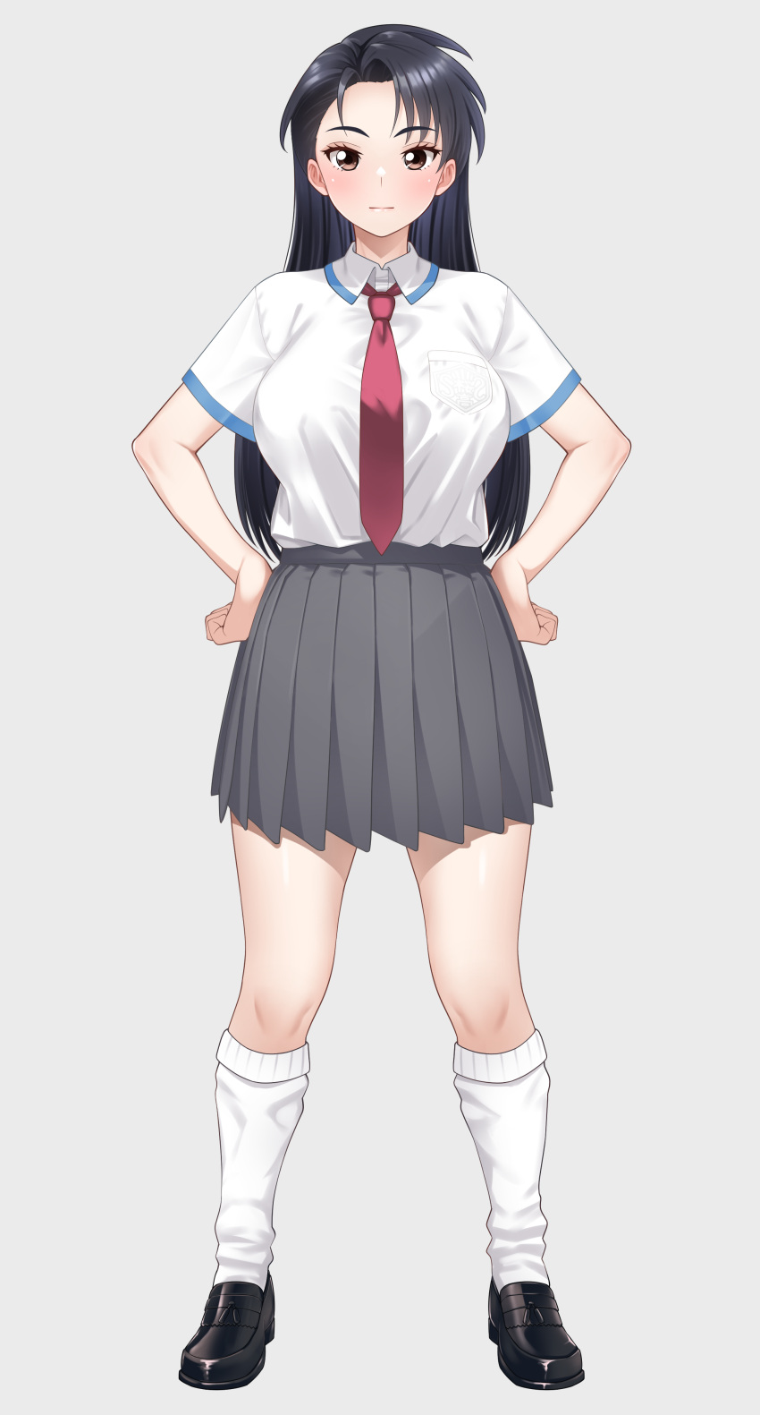1girl, :|, absurdres, black_footwear, black_hair, blush, breast_pocket, breasts, brown_eyes, closed_mouth, collared_shirt, commentary_request, commission, full_body, grey_background, grey_skirt, hands_on_own_hips, highres, kneehighs, large_breasts, leg_warmers, light_blush, loafers, long_hair, looking_at_viewer, necktie, original, pixiv_commission, pocket, red_necktie, school_uniform, shirt, shoes, short_sleeves, simple_background, skirt, socks, solo, standing, straight-on, variant_set, white_shirt, wreath_(lit)
