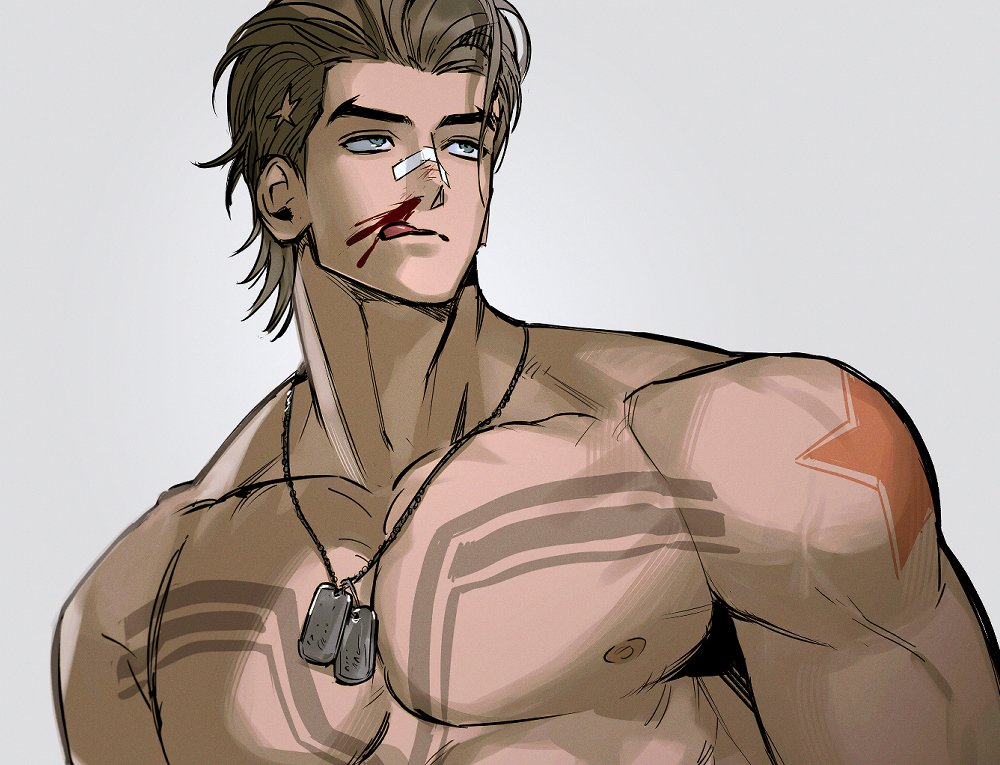1boy, bandage_on_face, bandages, bandaid, bandaid_on_face, bandaid_on_nose, blood, blood_on_face, chest_tattoo, dog_tags, forked_eyebrows, luke_sullivan, male_focus, muscular, muscular_male, nosebleed, pectorals, psomuq, solo, star_tattoo, street_fighter, street_fighter_6, tattoo, tongue, tongue_out, white_background
