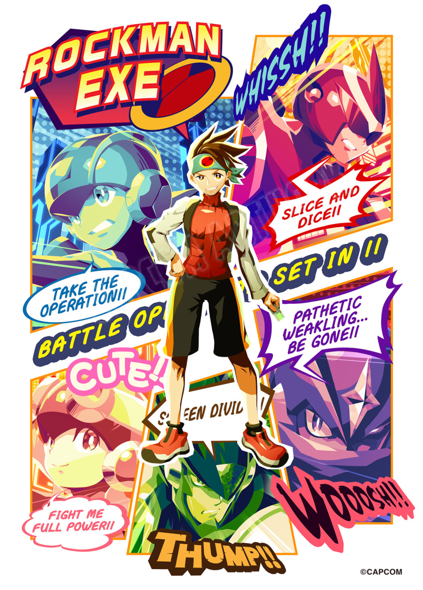 arm_cannon, bass.exe_(mega_man), black_shorts, blue_headband, blue_helmet, border, brown_eyes, brown_hair, character_name, colonel.exe_(mega_man), commentary_request, copyright_name, english_text, headband, helmet, highres, lan_hikari_(mega_man), male_focus, mega_man_(series), mega_man_battle_network_(series), megaman.exe, mizuno_keisuke, official_art, orange_vest, protoman.exe, roll.exe_(mega_man), second-party_source, shirt, short_hair, shorts, vest, weapon, white_border, white_shirt