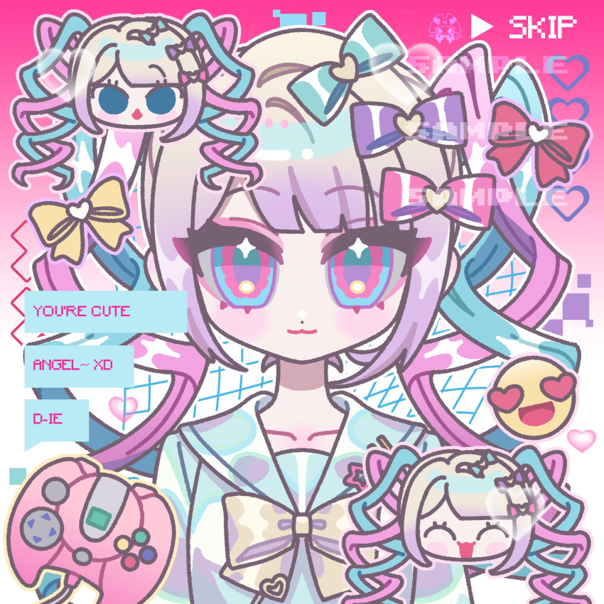 1girl, blonde_hair, blue_bow, blue_eyes, blue_hair, bow, chat_log, chibi, chibi_inset, chouzetsusaikawa_tenshi-chan, closed_mouth, commentary, controller, emoji, game_controller, gradient_hair, hair_bow, hair_ornament, heart, heart_hair_ornament, highres, long_hair, looking_at_viewer, multicolored_hair, multiple_hair_bows, needy_girl_overdose, pepparuru, pink_background, pink_bow, pink_hair, purple_bow, purple_hair, quad_tails, sailor_collar, sample_watermark, smile, solo, speech_bubble, straight-on, symbol-only_commentary, upper_body, watermark, yellow_bow