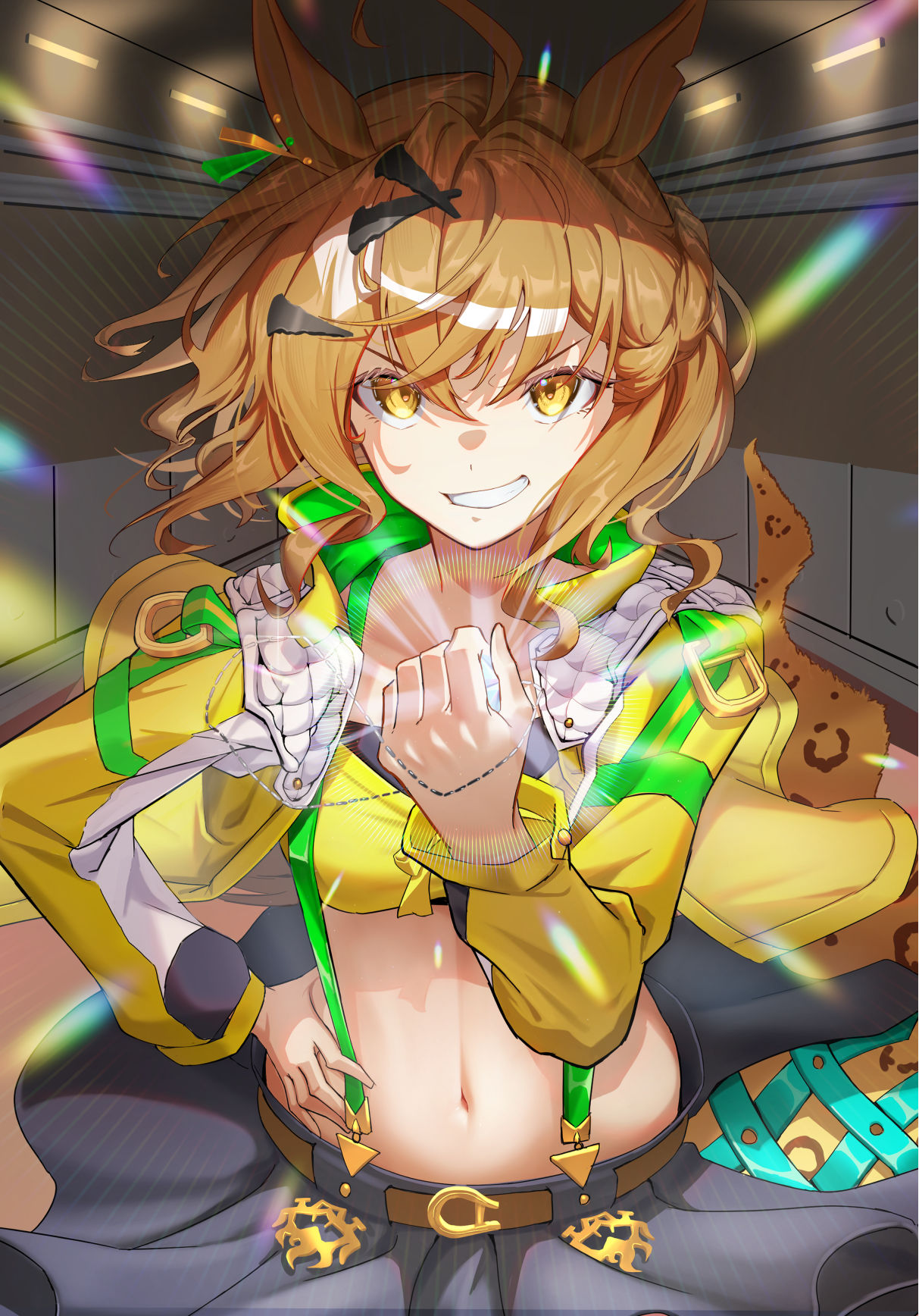 1girl, ahoge, animal_ears, braid, brown_hair, ear_ornament, earrings, hair_between_eyes, hair_ornament, hairpin, highres, horse_ears, horse_girl, horseshoe_ornament, jacket, jewelry, jungle_pocket_(umamusume), kinoyama_(0202), long_sleeves, medium_hair, multicolored_hair, navel, notched_ear, single_earring, skirt, solo, suspender_skirt, suspenders, umamusume, umamusume:_beginning_of_a_new_era, yellow_eyes, yellow_jacket