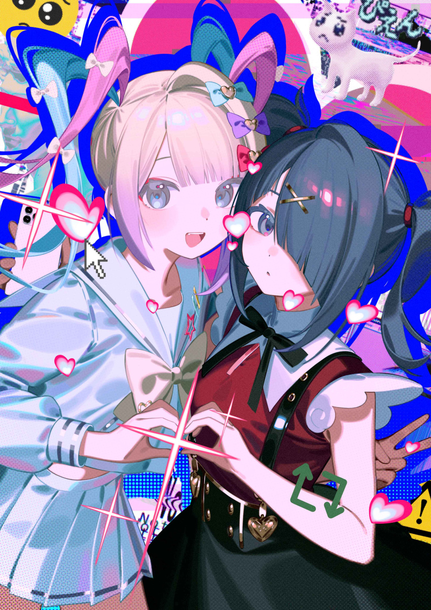 2girls, :o, absurdres, ame-chan_(needy_girl_overdose), arched_back, black_hair, black_ribbon, black_skirt, blue_eyes, blue_hair, blue_outline, blush, cellphone, chouzetsusaikawa_tenshi-chan, commentary_request, countdown_illustration, cowboy_shot, diffraction_spikes, fang, gradient_hair, guest_art, hair_ornament, hair_over_one_eye, heart, heart_hands, heart_hands_duo, highres, light_brown_hair, long_hair, long_sleeves, midriff_peek, multicolored_hair, multiple_girls, neck_ribbon, needy_girl_overdose, open_mouth, outline, parted_lips, phone, pien_cat_(needy_girl_overdose), pink_hair, pleated_skirt, red_shirt, ribbon, ryuuforkaf, sailor_collar, school_uniform, second-party_source, serafuku, shirt, sidelocks, skirt, smartphone, suspender_skirt, suspenders, teeth, twintails, upper_teeth_only, v, white_sailor_collar, white_serafuku, white_shirt, white_skirt, x_hair_ornament