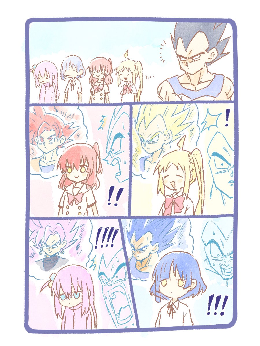!, !!, 1boy, 4girls, ^^^, black_hair, blonde_hair, blue_hair