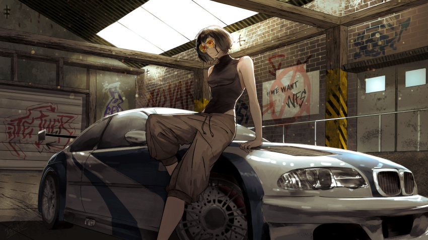 1girl, absurdres, black_hair, black_leotard, bmw, bmw_3_series, bmw_e46, bmw_m3
