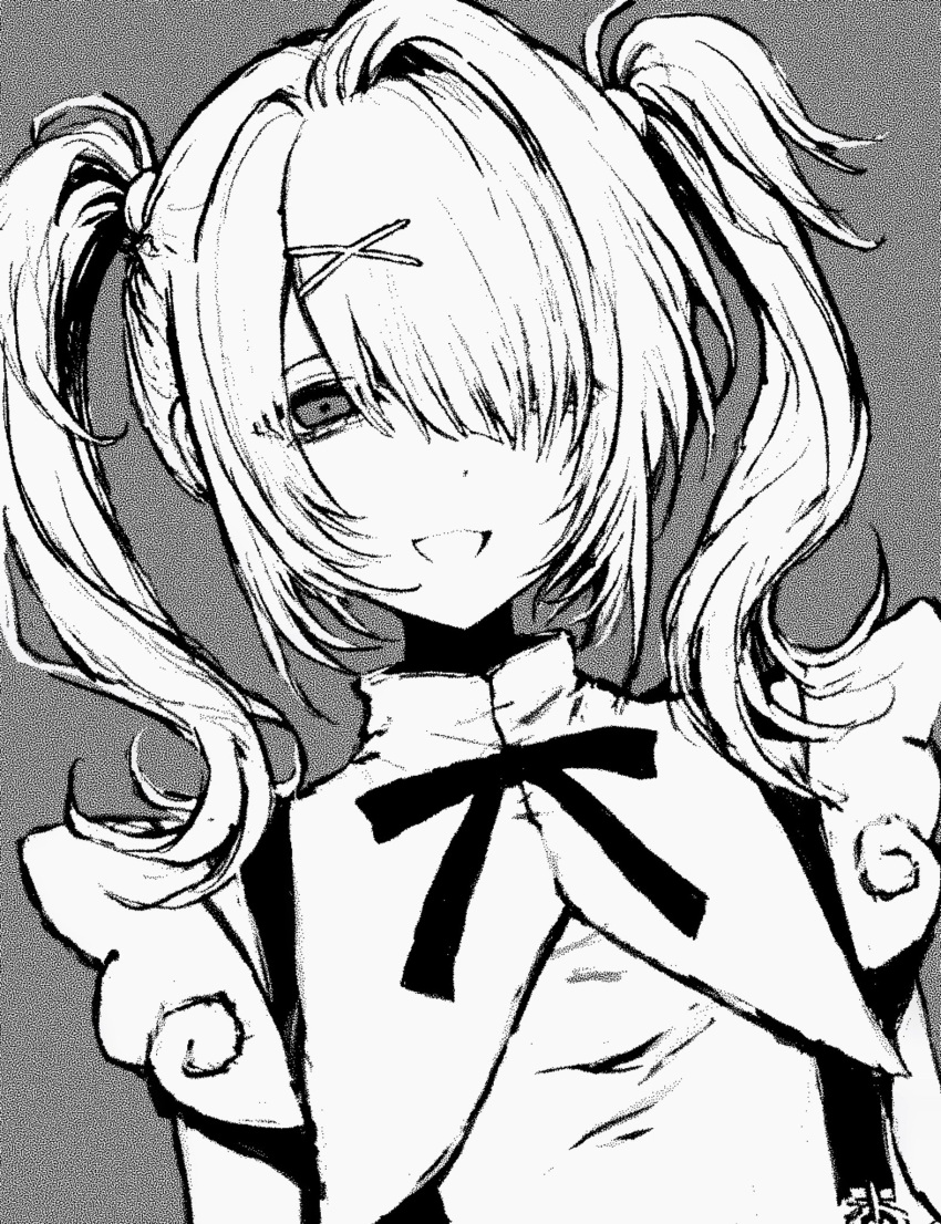 1girl, ame-chan_(needy_girl_overdose), chan8016, collared_shirt, grey_background, greyscale, hair_ornament, hair_over_one_eye