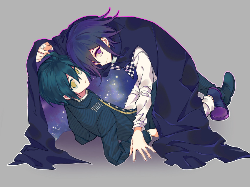2boys, black_cape, black_footwear, brown_eyes, buttons, cape, checkered_clothes, checkered_scarf