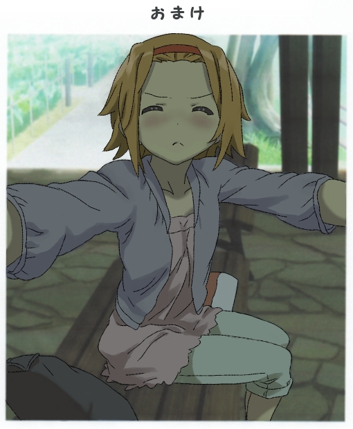 :<, bench, blush, casual, closed_eyes, collarbone, forehead, hairband, incoming_hug, incoming_kiss, k-on!, ore_no_imouto_ga_konna_ni_kawaii_wake_ga_nai, satou_satomi, seiyuu_connection, seiyuu_joke, sitting, tainaka_ritsu, tomoko_(morishio823)