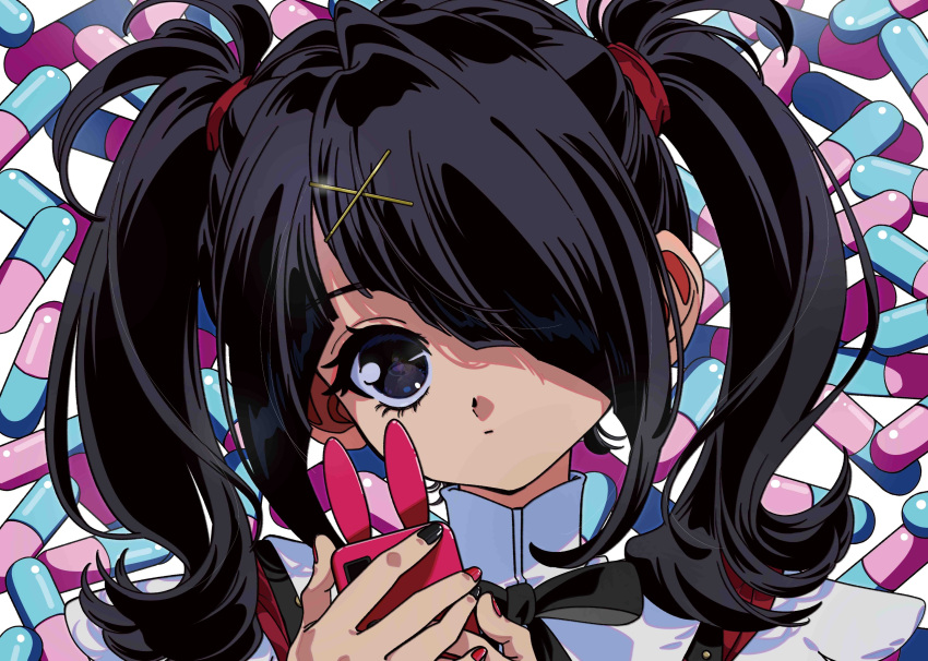 1990s_(style), 1girl, absurdres, ame-chan_(needy_girl_overdose), black_eyes, black_hair, black_nails, black_ribbon
