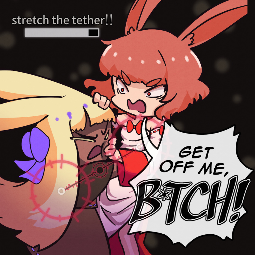 2girls, angry, animal_ears, black_background, black_capelet, blonde_hair, boopy_(datboopy), bow