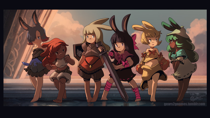 6+girls, animal_ears, armor, assassin_rabbit, barefoot, black_dress, black_hair, black_skirt