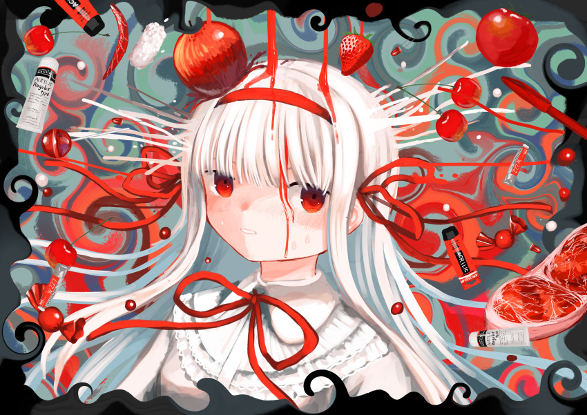 1girl, absurdres, apple, bleeding_from_forehead, blunt_bangs, candy, candy_wrapper, capelet