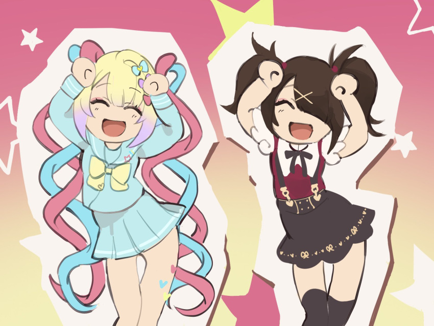 2girls, :d, ^_^, ame-chan_(needy_girl_overdose), arms_up, black_ribbon, black_skirt, blonde_hair, blue_bow, blue_hair, blue_serafuku, blue_shirt, blue_skirt, bow, brown_hair, caramelldansen, chouzetsusaikawa_tenshi-chan, closed_eyes, collared_shirt, commentary_request, dancing, facing_viewer, hair_bow, hair_ornament, hair_over_one_eye, highres, long_hair, long_sleeves, mizureito, multicolored_hair, multiple_girls, neck_ribbon, needy_girl_overdose, open_mouth, parody, pink_bow, pink_hair, pleated_skirt, purple_bow, purple_hair, quad_tails, rabbit_pose, red_shirt, ribbon, school_uniform, serafuku, shirt, skirt, smile, standing, star_(symbol), suspender_skirt, suspenders, twintails, very_long_hair, x_hair_ornament