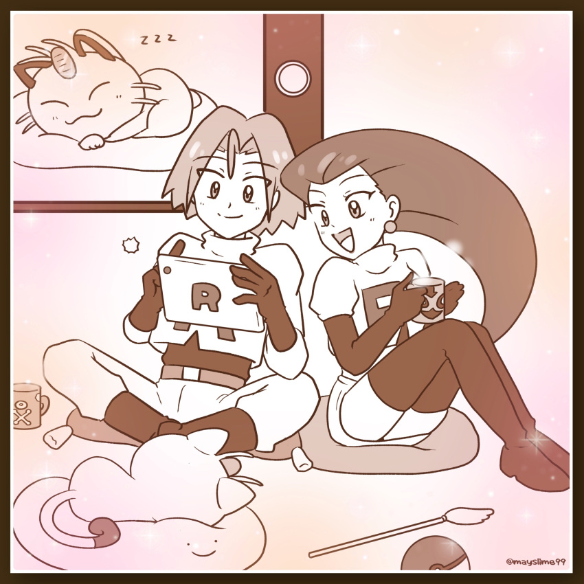 cup, highres, james_(pokemon), jessie_(pokemon), lapis-lazzuli, meowth, mug, photo_(object)
