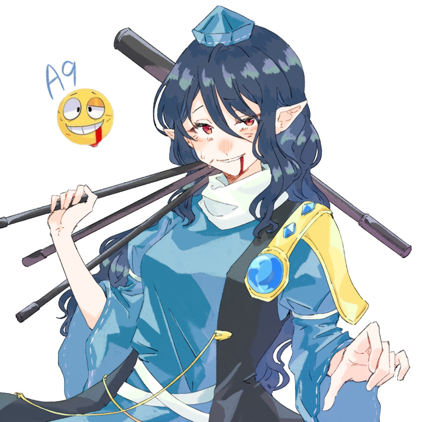 1girl, blood, blood_from_mouth, blue_dress, blue_hair, blue_hat, commentary_request, dress, emoticon, hat, highres, holding, holding_tripod, iizunamaru_megumu, injury, long_hair, long_sleeves, looking_at_viewer, parted_lips, pointy_ears, red_eyes, shoulder_guard, simple_background, smile, solo, telescope, tokin_hat, touhou, tripod, upper_body, ut0wv, white_background