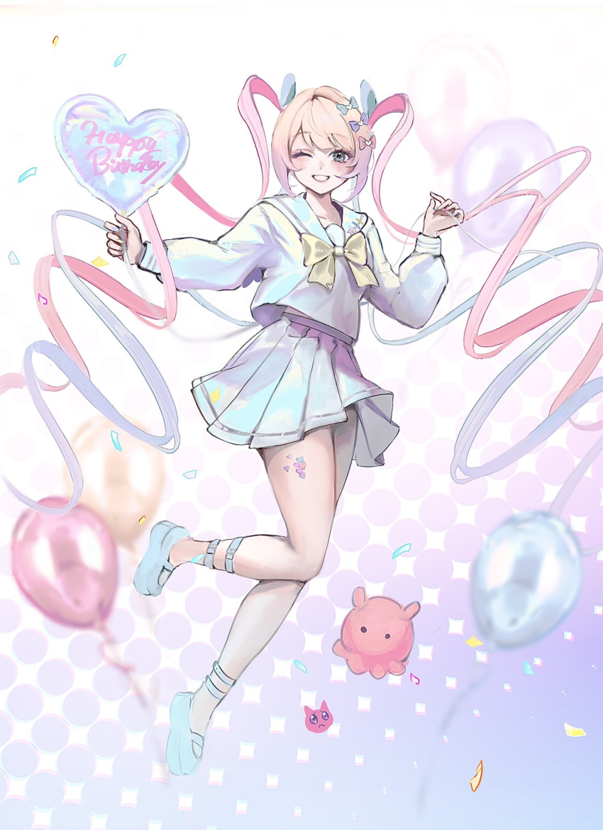 1girl, balloon, blonde_hair, blue_bow, blue_eyes, blue_hair, blue_serafuku, blue_shirt