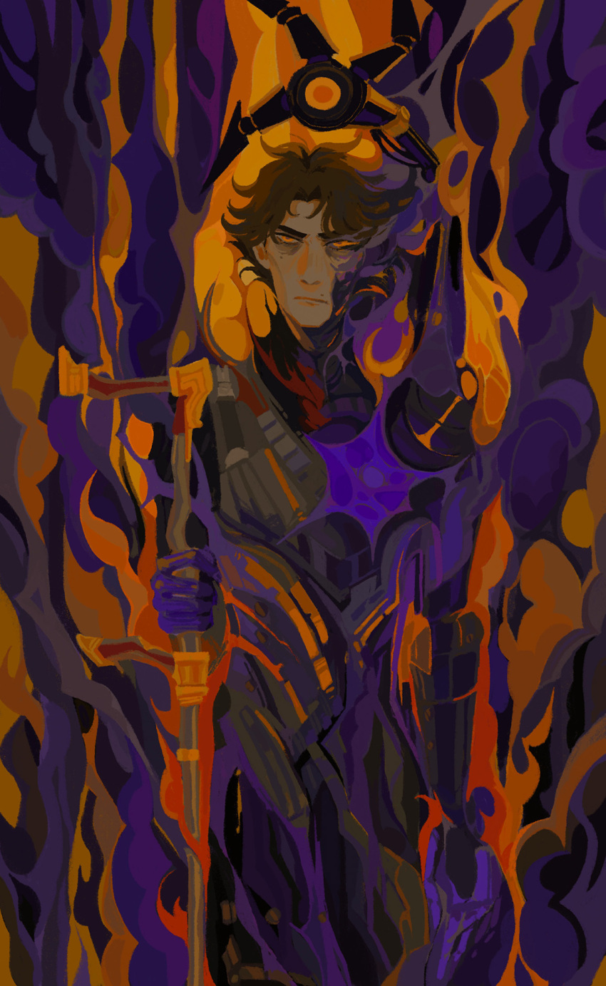 1boy, arcane:_league_of_legends, arcane_viktor, armor, bags_under_eyes, blending, brown_hair, cane