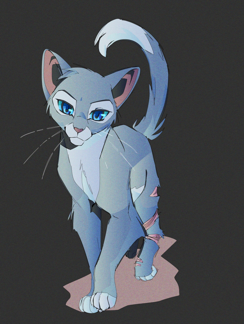 absurdres, animal, animal_focus, animification, black_background, blue_eyes, blue_fur, blue_sclera, broken_leg, cat, cinderpelt, colored_sclera, facing_viewer, highres, looking_at_viewer, no_humans, sam_(kyaptainkiddo), scar, scar_on_leg, tail, walking, warrior_cats, whiskers