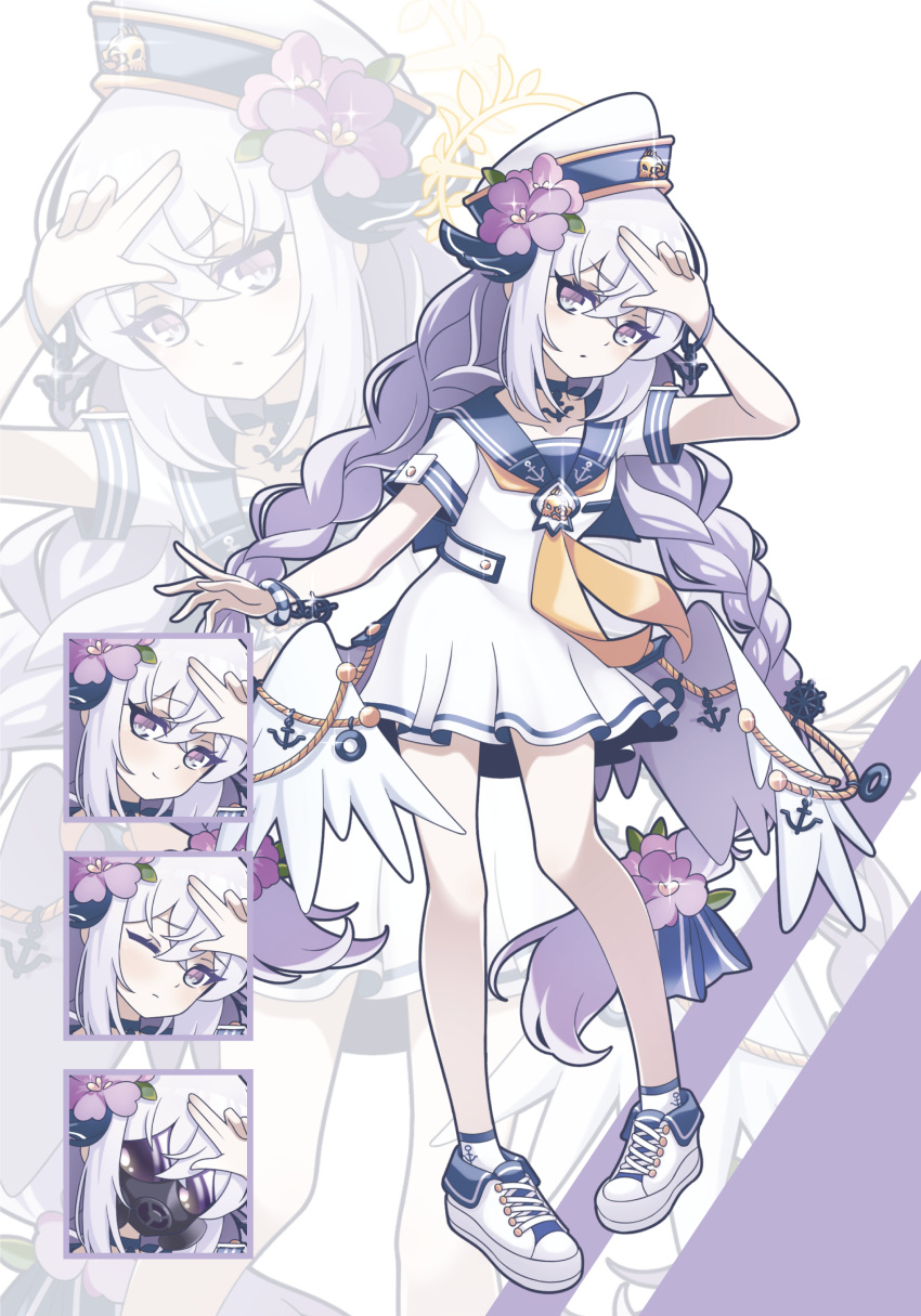 1girl, absurdres, aged_down, anchor_bracelet, anchor_choker, angel_wings, azusa_(blue_archive), blue_archive, blue_choker, blue_ribbon, blue_sailor_collar, braid, choker, collarbone, crossed_bangs, dress, english_commentary, expressions, feathered_wings, flower, full_body, gas_mask, goanchor, grey_hair, hair_between_eyes, hair_flower, hair_ornament, hair_ribbon, halo, hat, highres, long_hair, looking_at_viewer, low_twin_braids, low_wings, mask, neckerchief, pigeon-toed, ribbon, sailor_collar, sailor_hat, salute, school_uniform, serafuku, shoes, short_sleeves, sneakers, socks, standing, twin_braids, two-finger_salute, v, very_long_hair, violet_eyes, white_dress, white_footwear, white_socks, white_wings, wings, yellow_neckerchief, zoom_layer