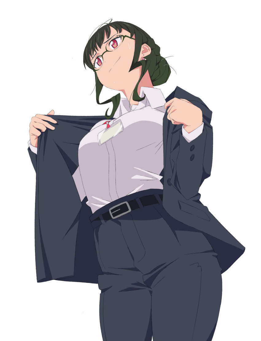 1girl, absurdres, anosillus_ii, belt, black_pants, black_suit, earrings, green_hair