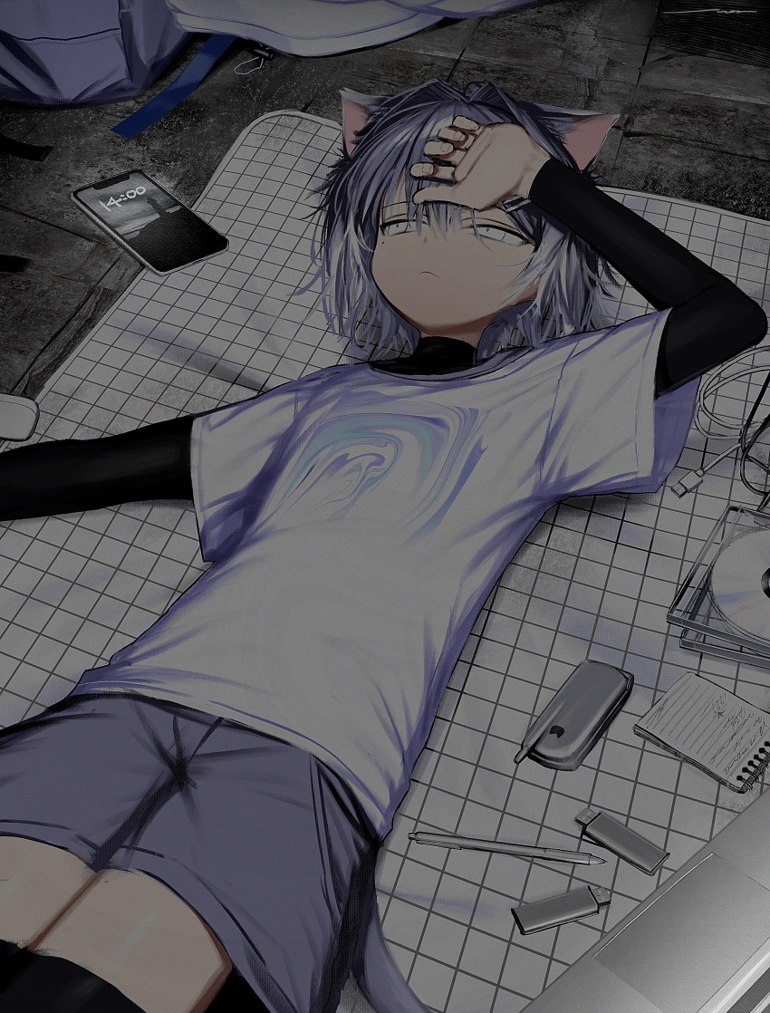 1girl, absurdres, animal_ears, black_thighhighs, black_undershirt, blanket, cat_ears, cat_girl