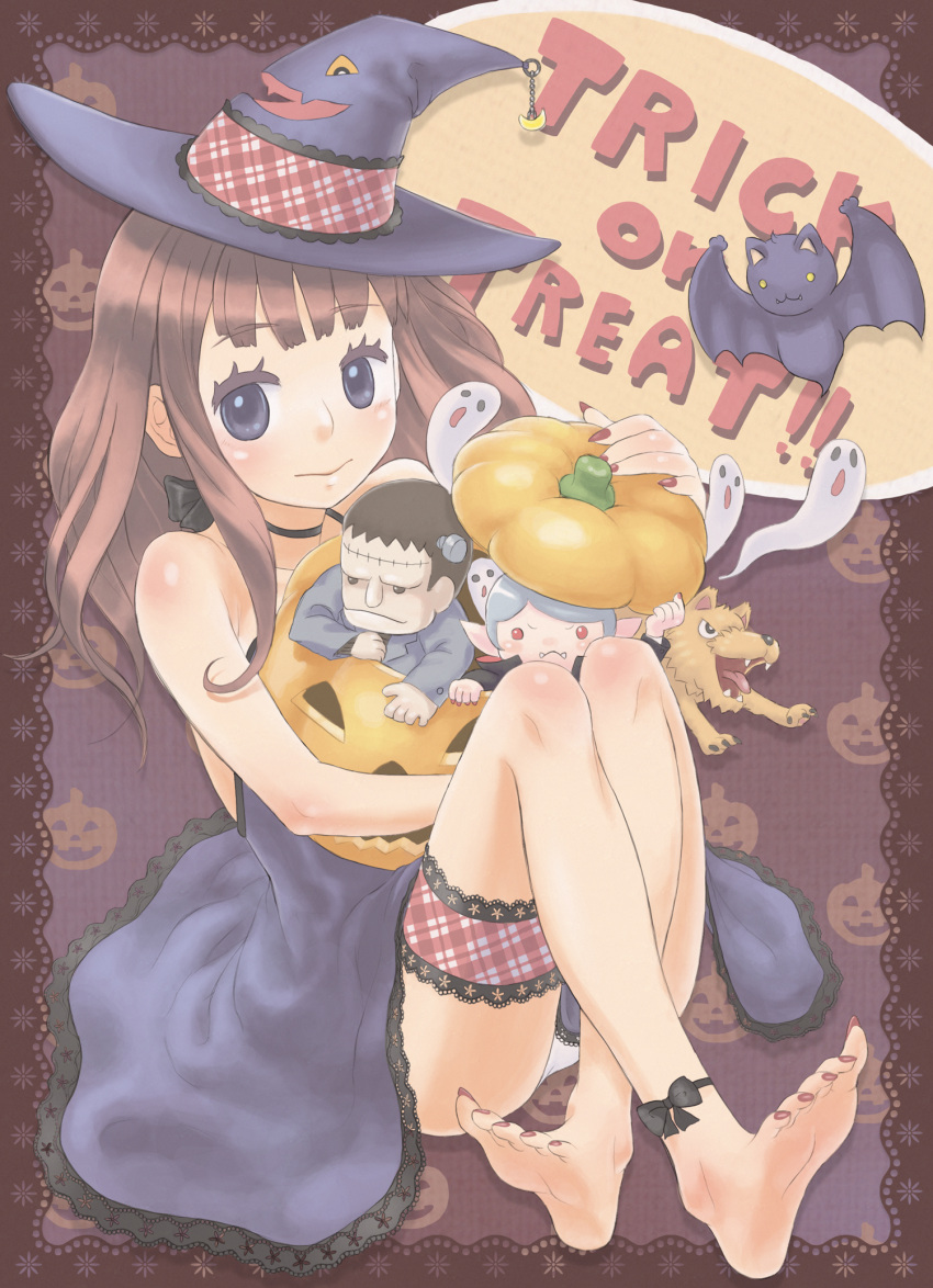 barefoot, bat, blue_eyes, brown_hair, chibi, claws, crossed_legs, dress