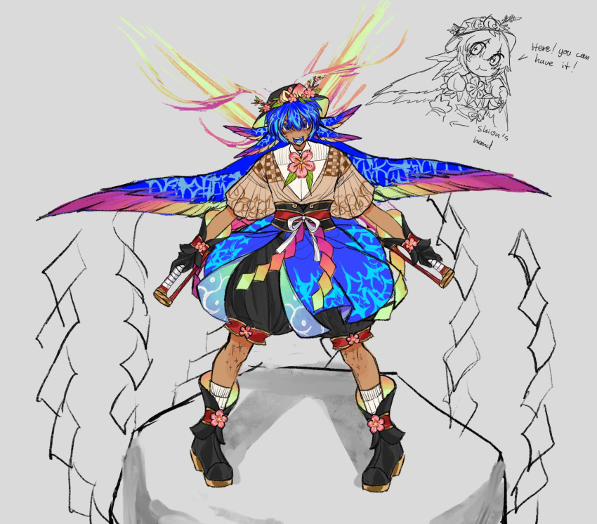1girl, baggy_pants, blue_eyes, blue_hair, eating, energy_sword, flower, food, fruit, hat, head_wings, highres, hinanawi_tenshi, holding, holding_sword, holding_weapon, jaxx_(k9radiation), multicolored_eyes, multicolored_hair, pants, peach, rainbow_hair, rock, socks, sword, tan, touhou, violet_eyes, weapon, white_socks, wings
