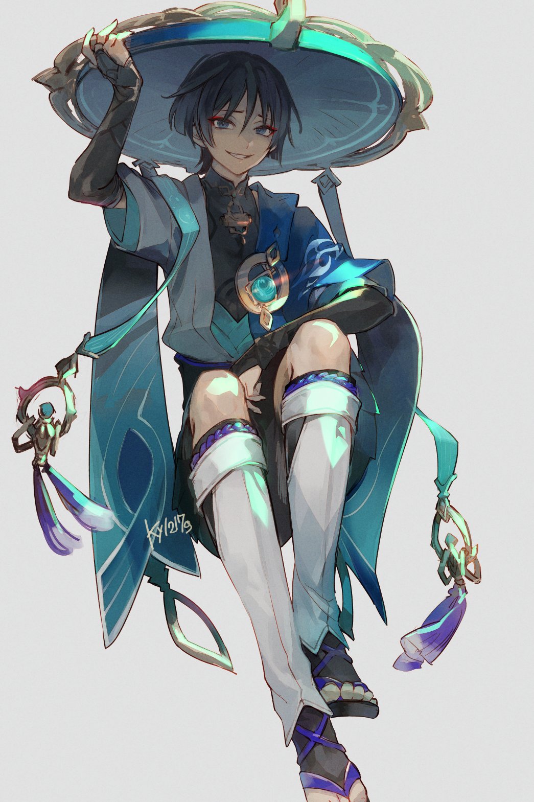 1boy, arm_on_thigh, arm_up, blue_eyes, boots, eyeliner, film_grain, foot_dangle