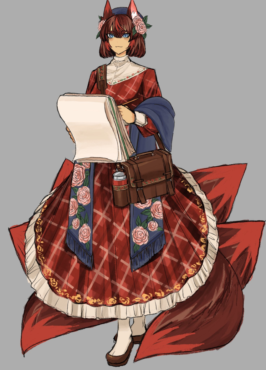 1girl, animal_ear_fluff, animal_ears, beret, blue_eyes, blue_hat, blue_scarf, brown_footwear, brown_hair, closed_mouth, commentary, commission, dress, english_commentary, floral_print, flower, fox_ears, fox_girl, fox_tail, frilled_dress, frills, full_body, grey_background, hair_between_eyes, hair_flower, hair_ornament, hat, highres, holding, jaxx_(k9radiation), kitsukumi_hoshimi, kitsune, long_dress, long_sleeves, looking_at_viewer, multicolored_clothes, multicolored_hair, multiple_tails, pink_flower, plaid_clothes, plaid_dress, print_scarf, red_dress, red_tail, redhead, scarf, scp_foundation, shoes, short_hair, socks, solo, standing, streaked_hair, tabi, tail, unworn_scarf, white_socks