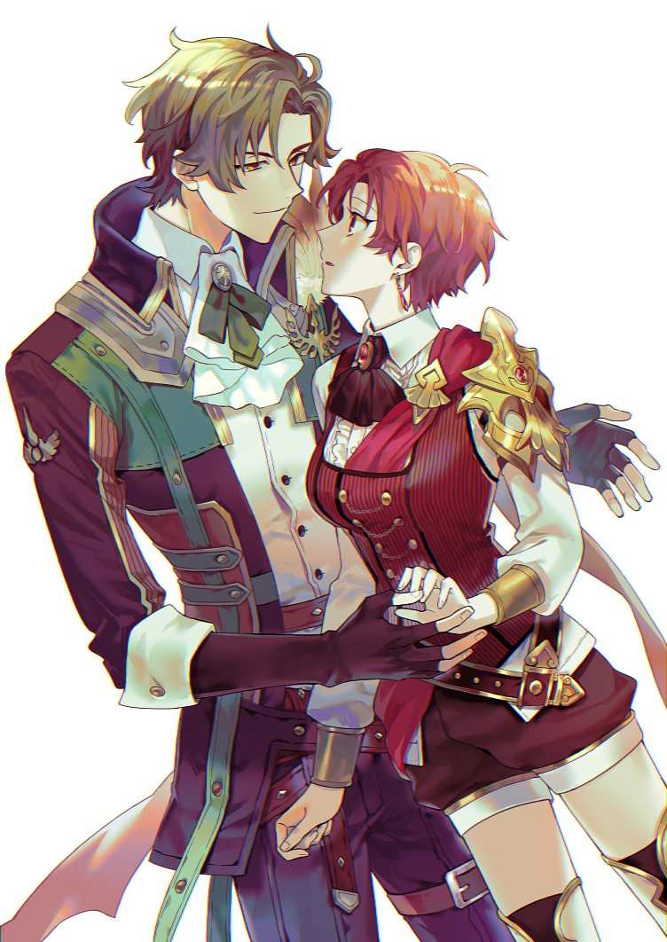 1boy, 1girl, anastasia_lynzel, ascot, belt, black_ascot, blush, brown_hair, buttons, collared_shirt, commentary_request, crius_castlerock, earrings, even_if_tempest, facing_to_the_side, fingerless_gloves, gloves, hetero, jacket, jewelry, long_sleeves, looking_at_another, open_clothes, open_jacket, profile, puffy_shorts, red_eyes, redhead, shirt, shiya_(mizushibuki), short_hair, shorts, smile, standing, thigh-highs, white_background, white_shirt