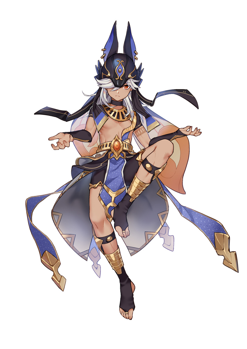 1boy, black_choker, black_shorts, bridal_legwear, choker, closed_mouth, cyno_(genshin_impact), deyezi, facing_viewer, floating, floating_clothes, foot_on_own_leg, full_body, genshin_impact, grey_hair, hair_over_one_eye, hands_up, highres, jewelry, knee_up, lapels, light_frown, looking_at_viewer, male_focus, official_style, open_hands, red_eyes, short_sleeves, shorts, simple_background, slit_pupils, solo, split_mouth, tan, toe_ring, white_background